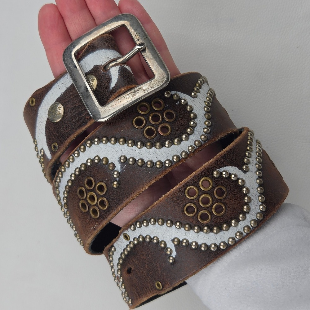 Vintage Y2K Balthazar Belt S Brown Leather Studded Painted Western Boho Rocker